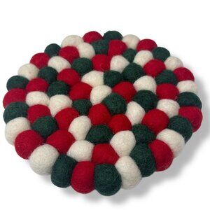 Wool Felt Pompom Trivet Christmas Red Green Trader Joe's Holiday Decor 6.5"